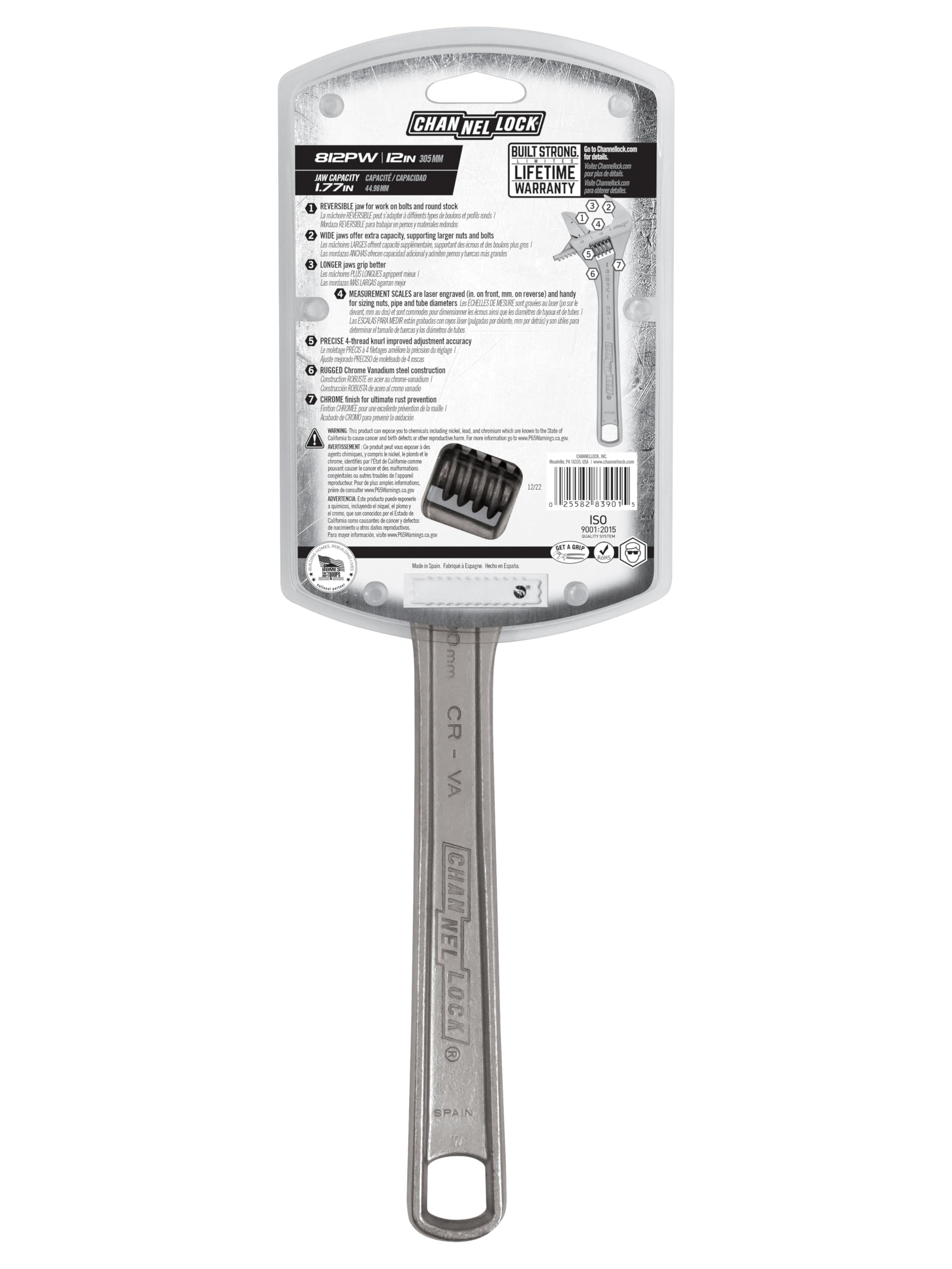 Channellock 812PW 12" Reversible Jaw Adjustable Wrench/Pipe Wrench, Chrome