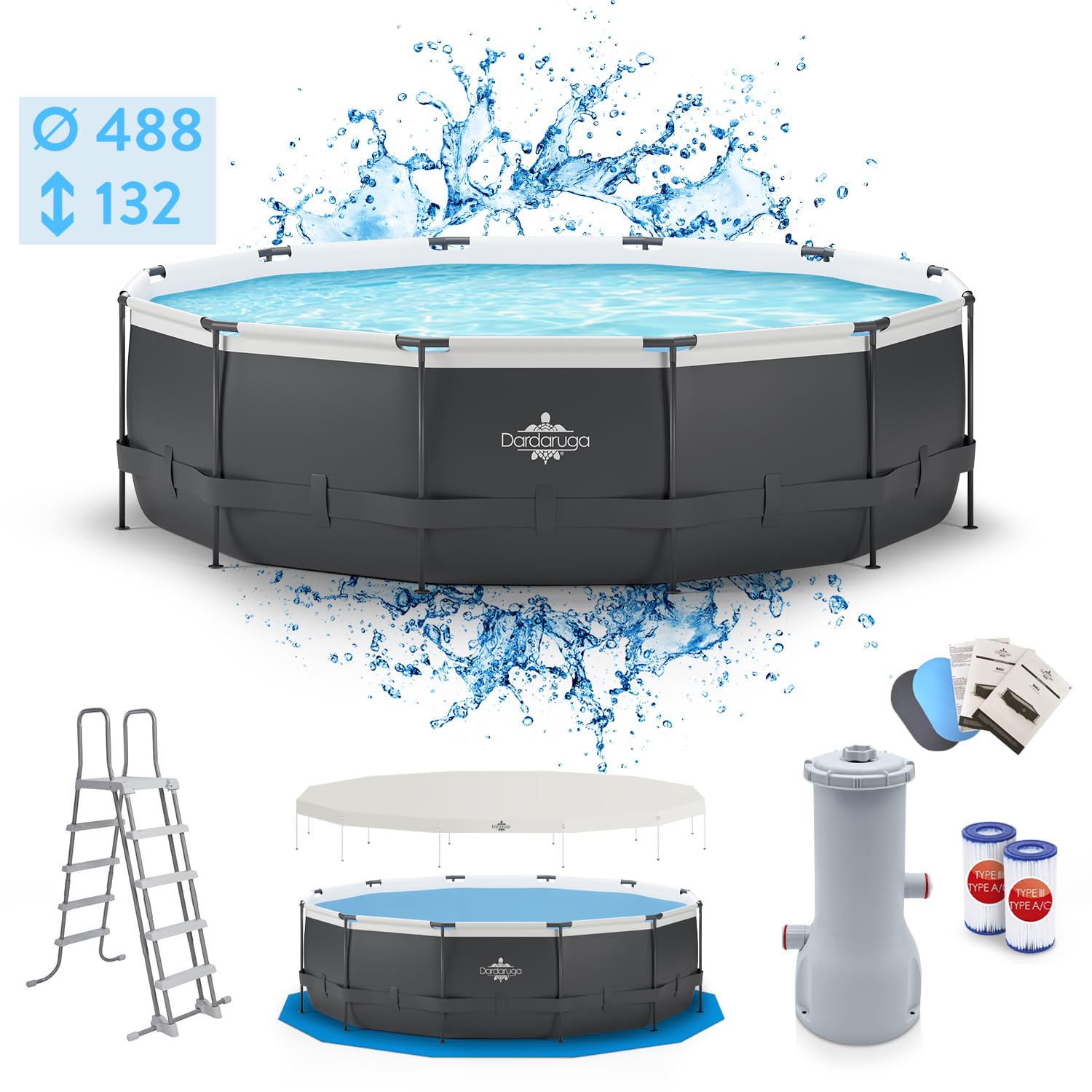 Piscina Fuori Terra Dardaruga Ø 488 x 132 cm | Mod. MAUI (2026) | Marchio Italiano | Scala + Copertura + Telo Base + Pompa Filtro Energy Saver | Materiali PREMIUM | Garanzia e Assistenza ITALIA