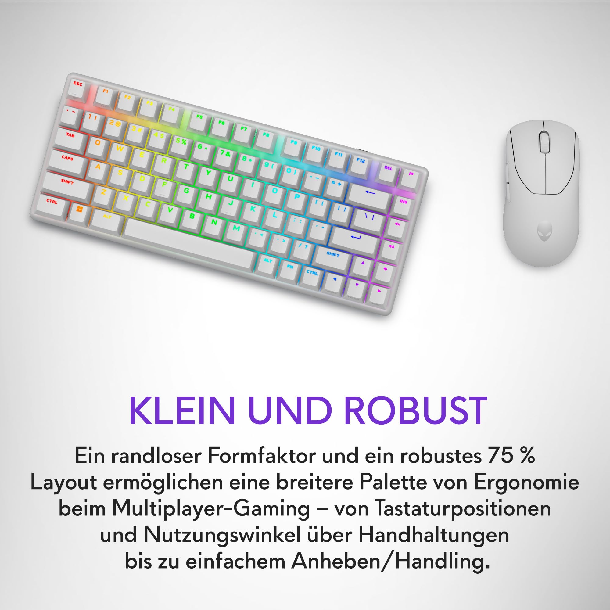 Alienware Pro Kabellos Gamingtastatur LL, 75% Formfaktor, AlienFX RGB | Lineare mechanische Switches, Hot‑Swap, 2,4 GHz Bluetooth / USB‑C, PBT‑Tastenkappen, 5 Profile, US QWERTY, Lunar Light