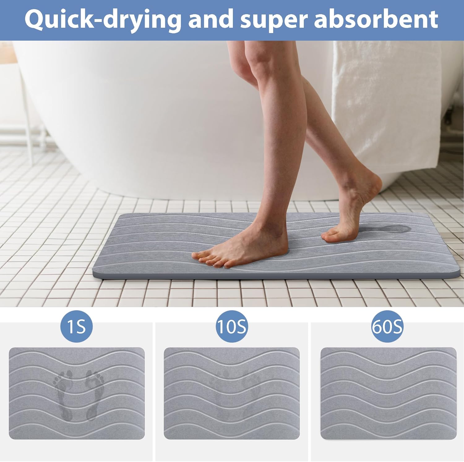 Absorbent Stone Bath Mat, Diatomaceous Earth Shower Mats, Non-Slip Water Absorbing Diatomite Stone Mat for Bathroom Floor, Quick-Drying Easy to Clean (23" x 16" Gray) - Image 3