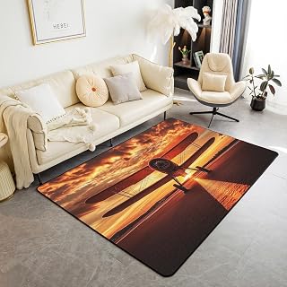 Castle Fairy Aircraft Area Rug Natural Dreamy Sky Sunset Scenery Non Shedding Rug for Kids Teens Adults 3D Airplane Airport Runway Print Non Slip Rug for RV Chairs Bed 3'x5'