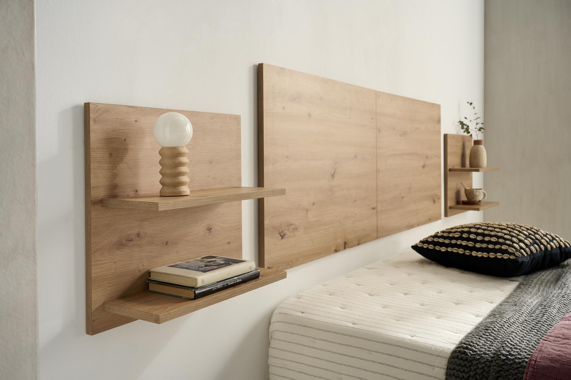 HOGAR24 ES Cabecero + 2 mesitas Colgantes con Baldas, Acabado Madera, Medidas 155 x 60 x 2 cm