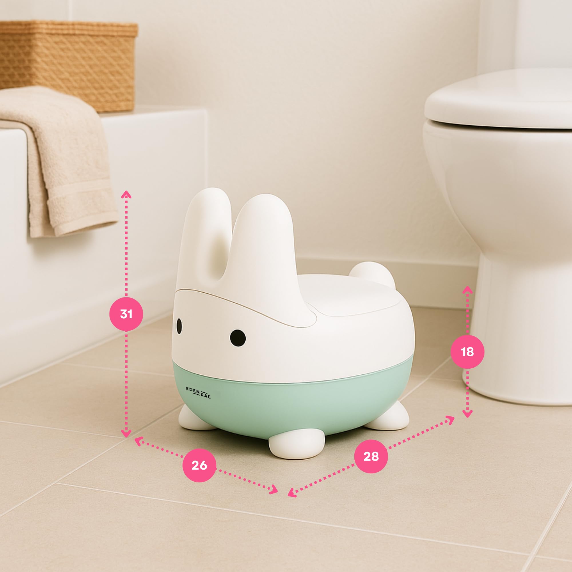 EDEN RAE® Orinal para niños – Cómodo inodoro infantil con tapa y diseño de conejo, ergonómico, antideslizante, sin BPA, incluye libro electrónico de entrenamiento y tarjeta de recompensas