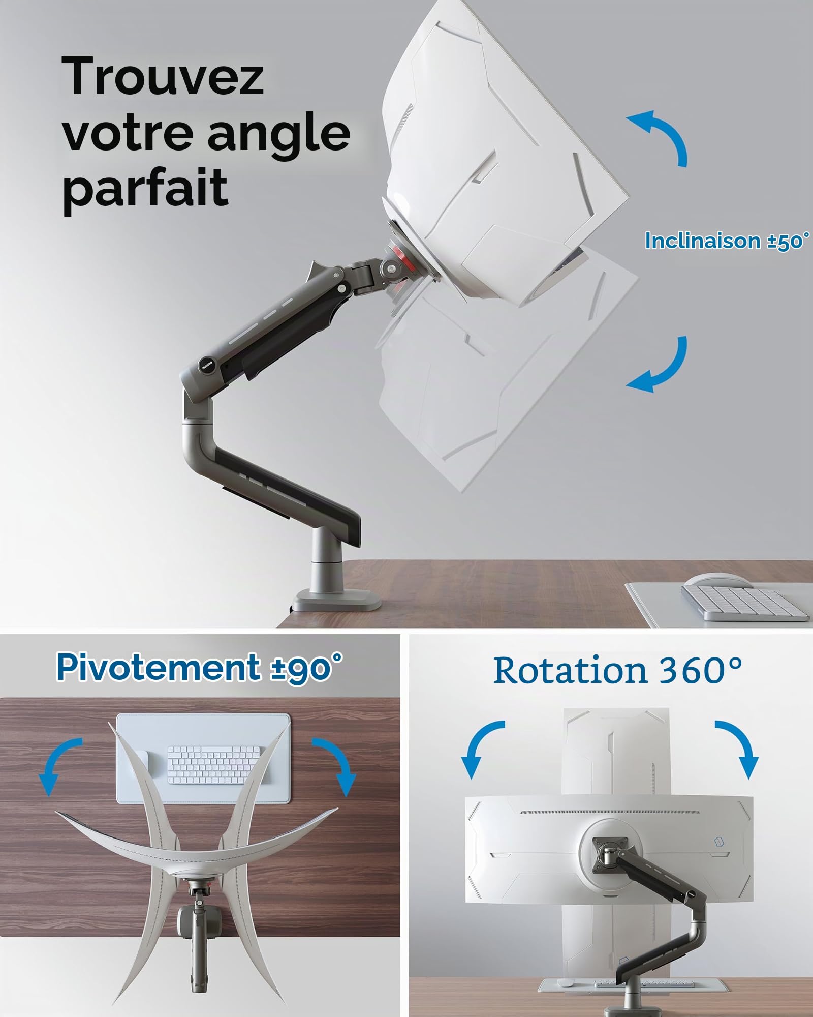 HUANUO Bras articulé Écran Ultralarge à 49 Pouces, Tient 18kg, Support pour Écran Ultralarge du Bureau en Aluminium, Support Écran Unique Ajustable avec Pince en C, Base à œillet, VESA 100x100mm Max