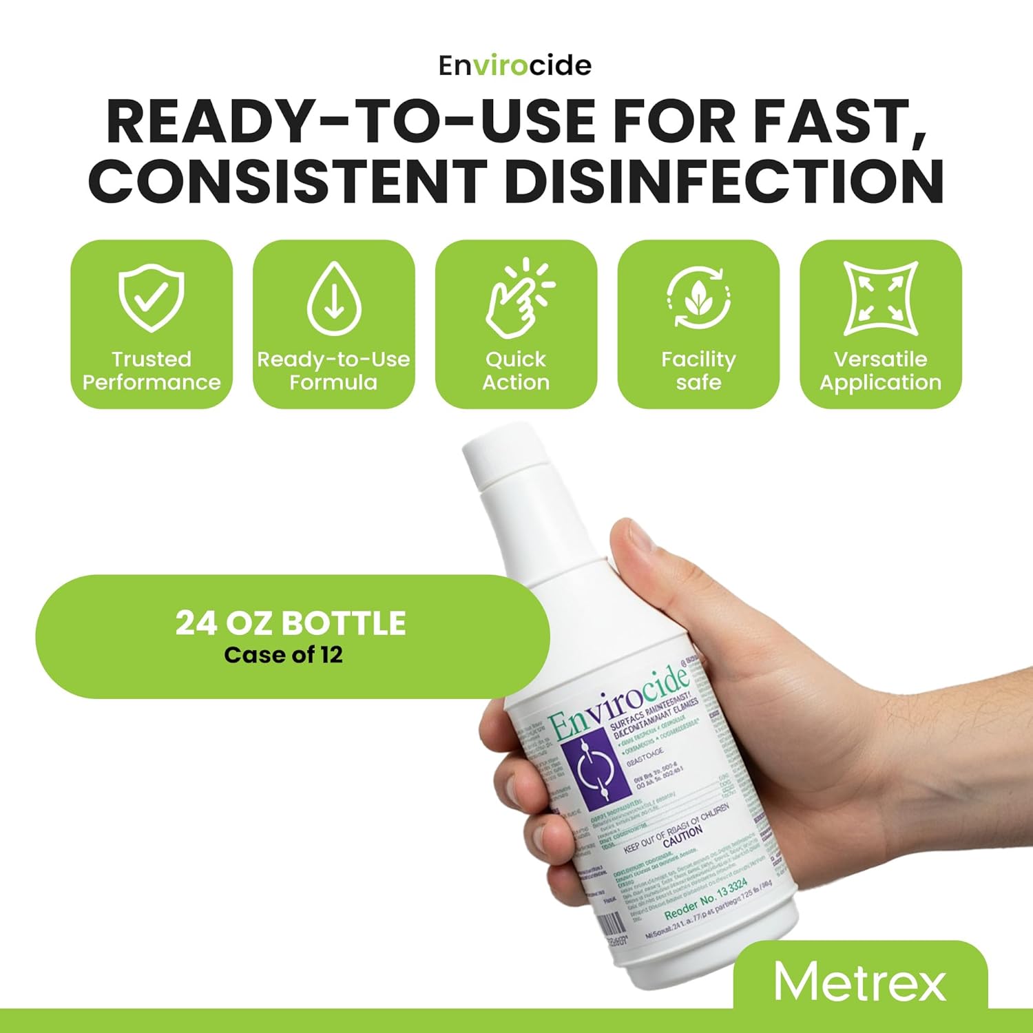 Metrex Envirocide Ready-to-Use Surface Disinfectant Cleaner & Decontaminant – Broad-Spectrum Formula, for Healthcare, Institutional & Facility Surfaces – 24 oz Bottle (Case of 12)
