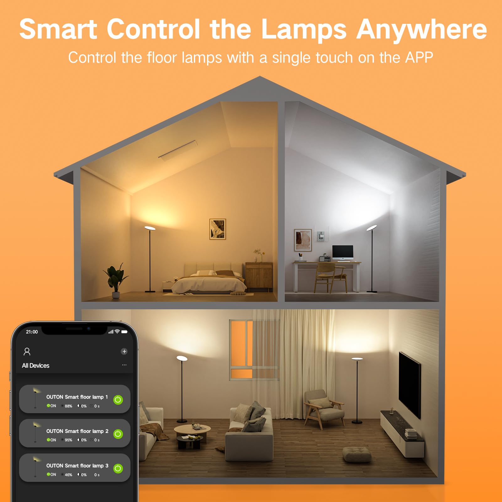 OUTON Lámpara de Pie LED Funciona con Alexa, Google Assistant, Regulable y Moderna, 30W Súper Brillante, 180CM, Función de Temporización de Memoria, Control Remoto y APP,Para Sala de Estar Negro Chido