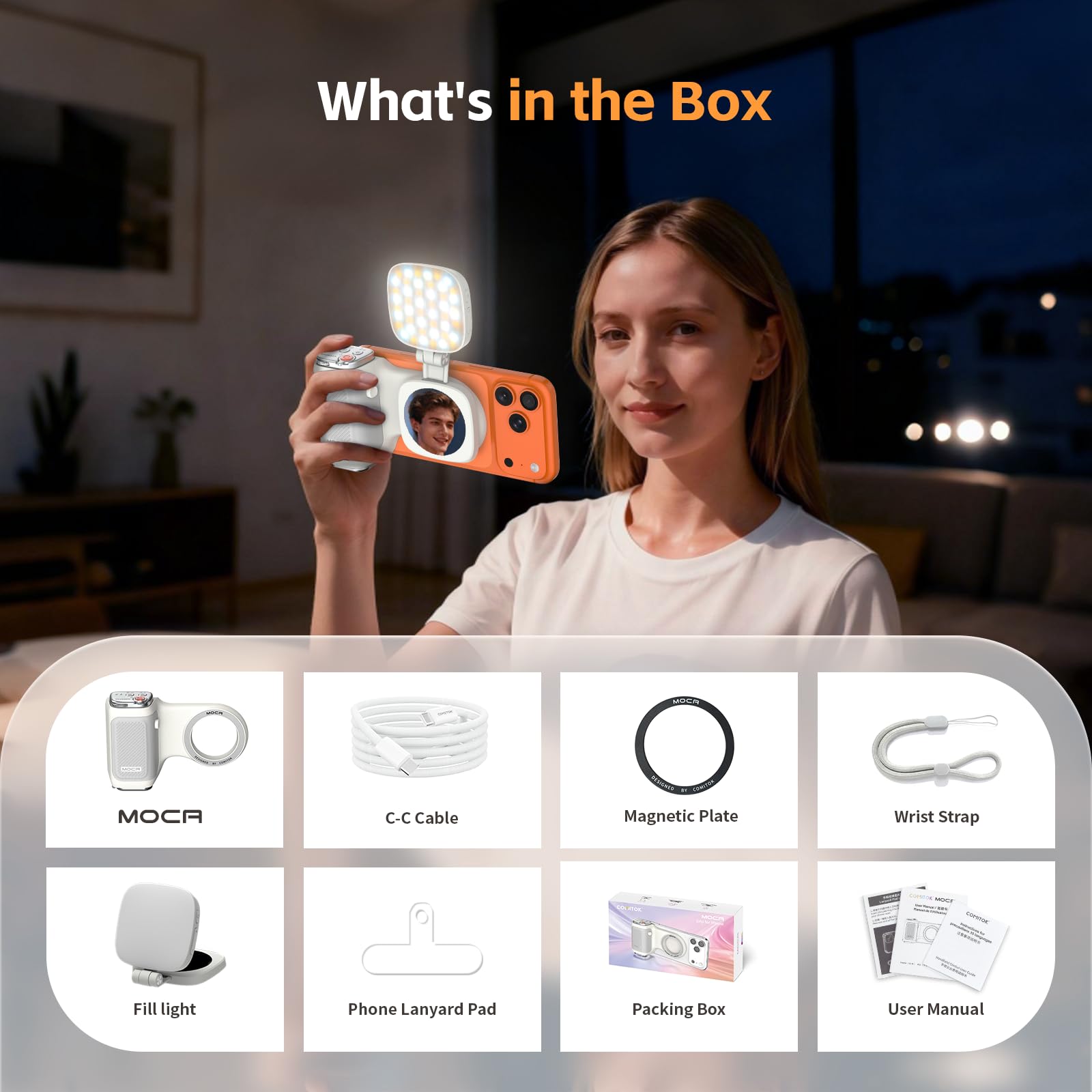 COMITOK MOCA iPhone Kameragriff mit Magnet-Licht & Spiegel, für iPhone 17 Pro, iOS 17 & iOS 18, Native Kamera, Abnehmbarer Fernbedienung, Schlüsselanhänger, Anti-Drop Magnetgriff zum Fotografieren