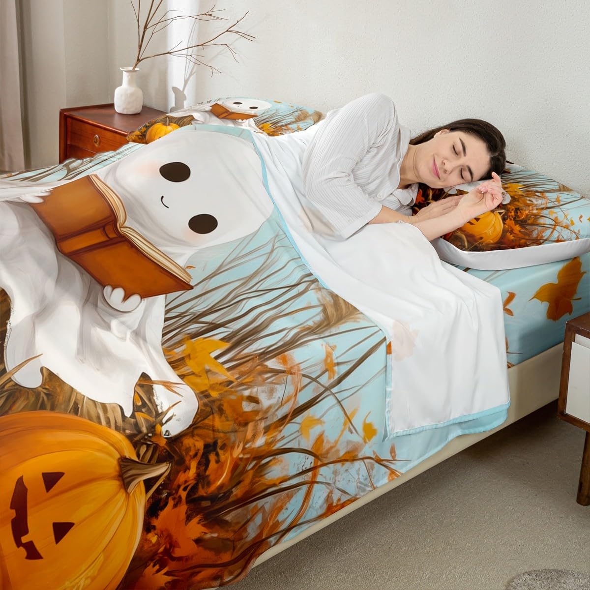 Homewish Juego de sábanas con diseño de fantasma, para cama doble, diseño de calabaza, otoño, otoño, kawaii, lindo juego de ropa de cama de cosecha, color azul y naranja, ropa de cama cálida y suave