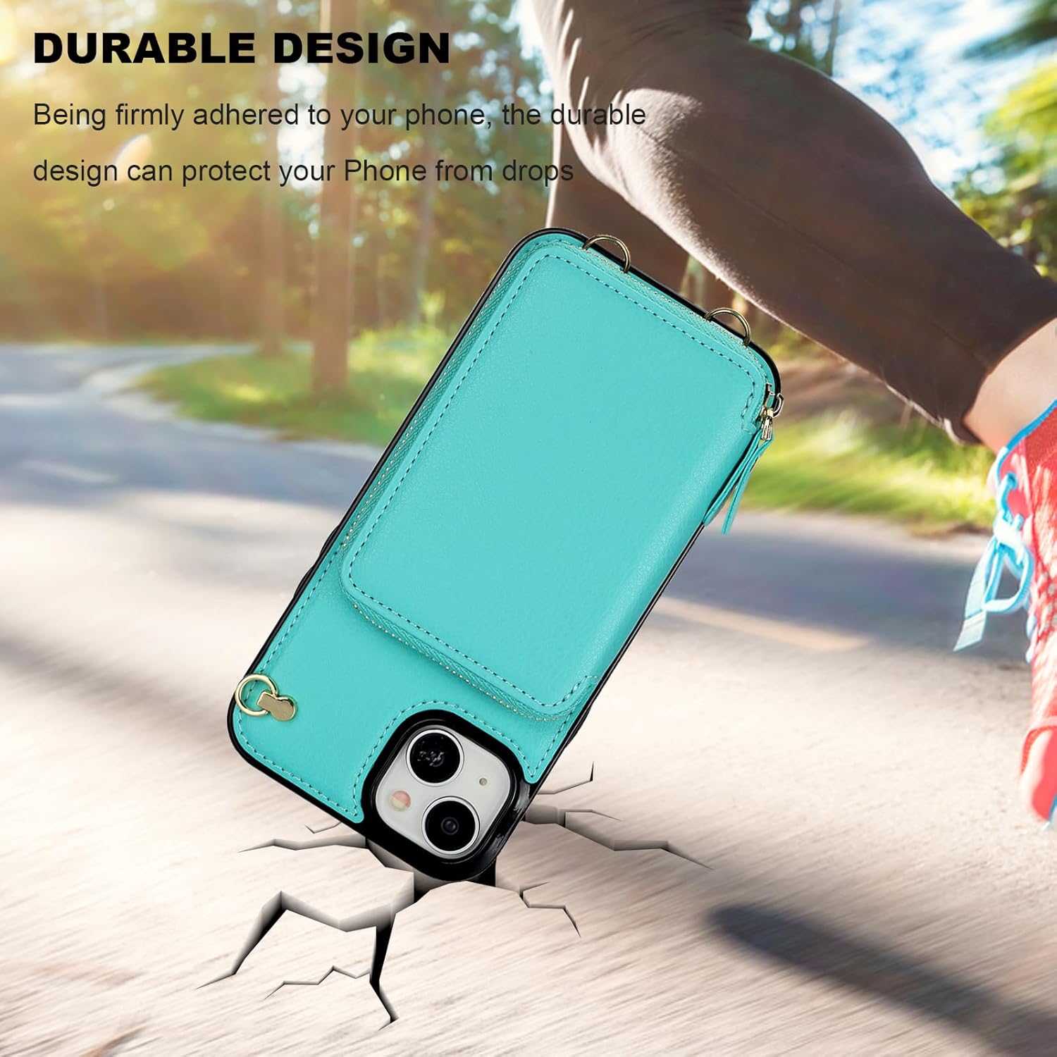 Bocasal Crossbody Wallet Case for iPhone 15 Plus, RFID Blocking Leather Purse Case with Card Holder, Protective Handbag Flip Cover with Zipper Wrist Strap Lanyard for Women 5G 6.7 Inch (Mint Green)