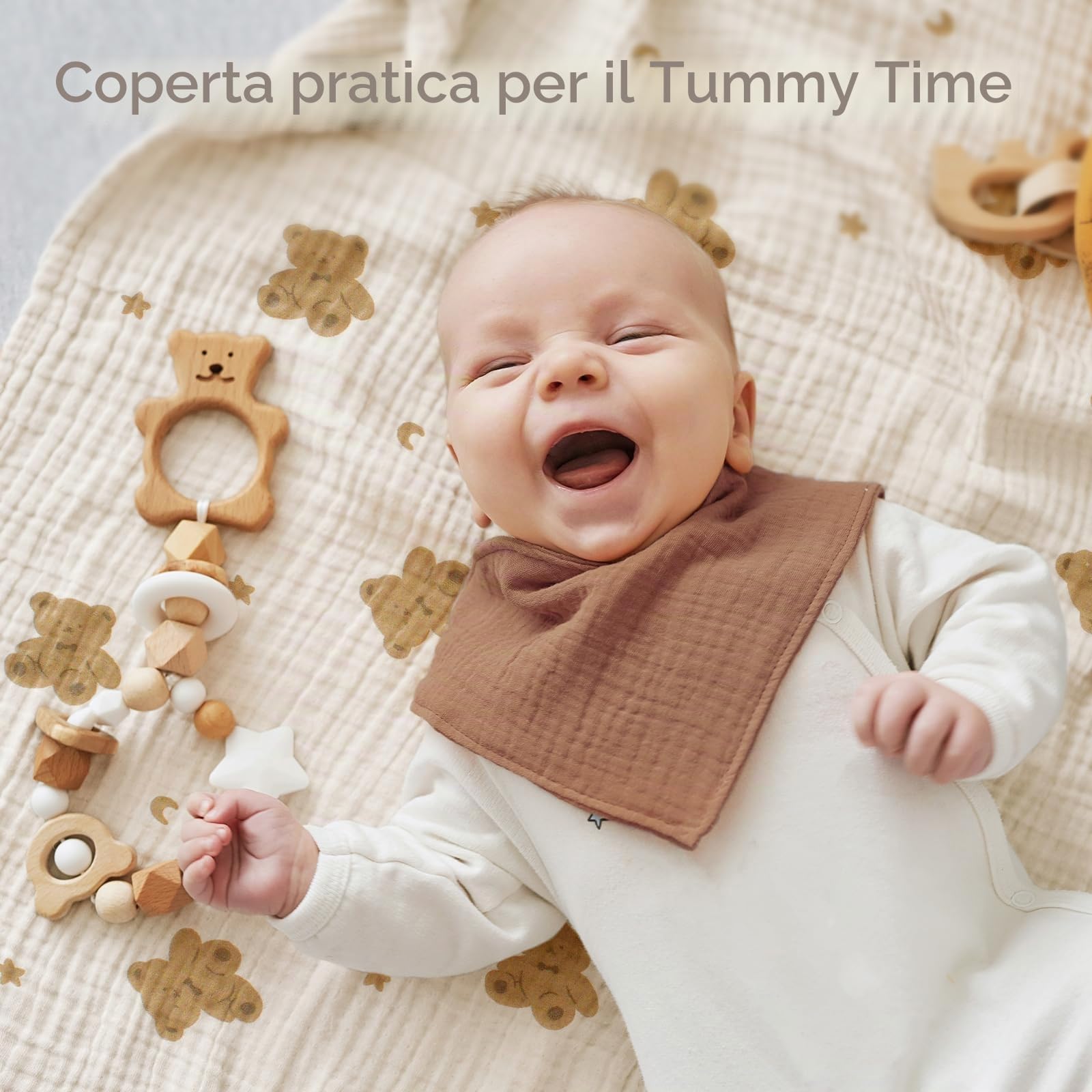 Panni di garza per neonati, 100% cotone, 60 x 60 cm, assorbenti e traspiranti, in mussola, set da 5 pezzi, per neonati, ragazzi e ragazze, orso marrone