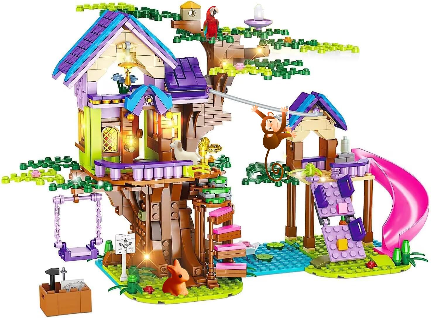 OKKIDY Tree House Building Toys for Kids, Girls Friendship Building Blocks with with LED Light, Creative Forest House Age 6 7 8 9 10 11 12+ Birthday Gift Girls Boys, Purple, (FC3512)