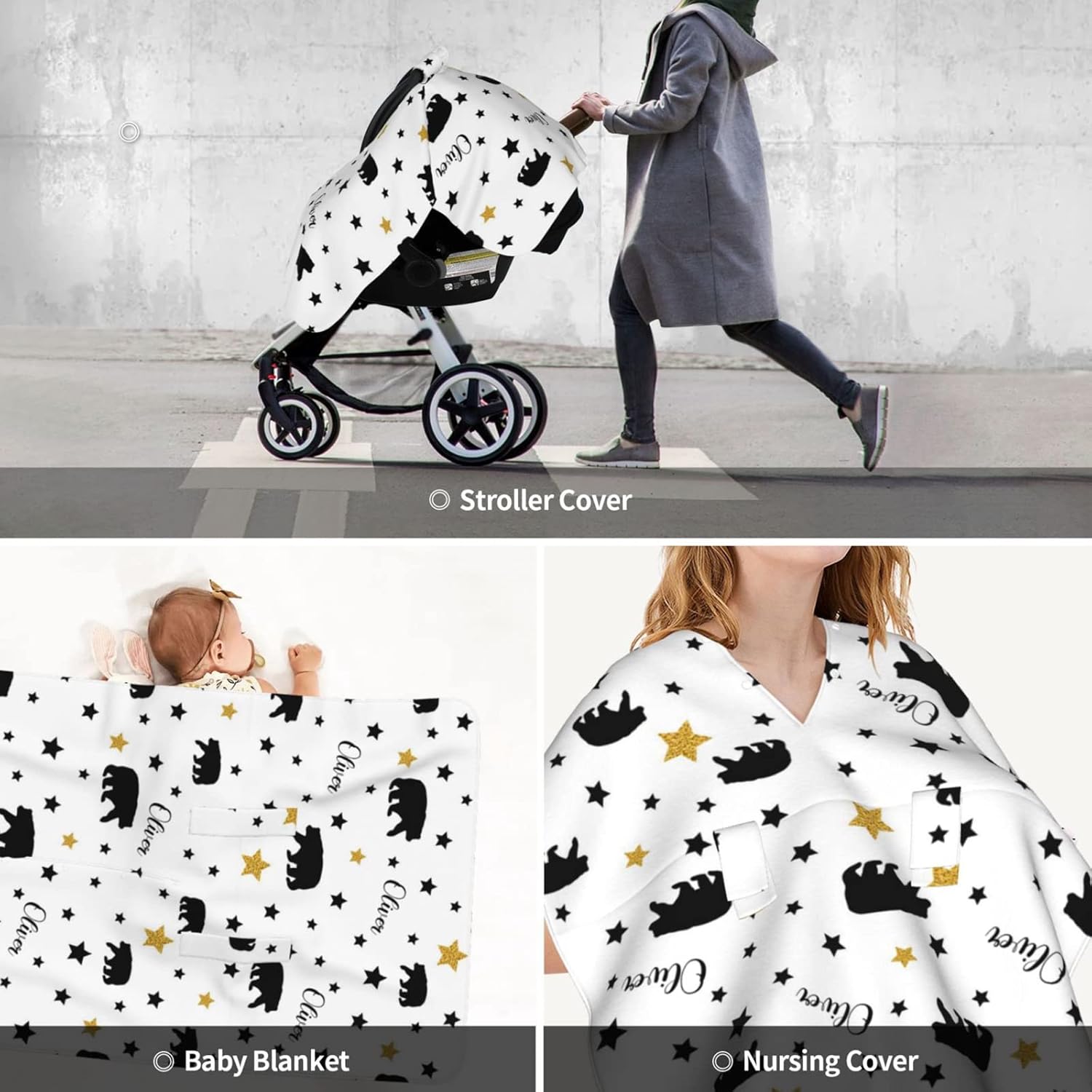 Personalized Black Bear Baby Infant Car Seats Canopy for Babies with Name, Custom Multi-use Blankets for Baby Boys Girls, Peekaboo Minky Nursing Breastfeeding Stroller Cover Canopies for Newborn