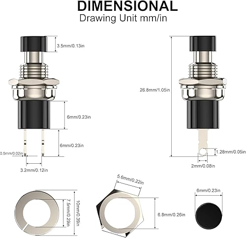 Miniatura 3 de DIYhz Interruptor de botón momentáneo, 1A 250VAC SPST Mini interruptores de botón cerrado normal (NC) tapa negra - 10 piezas