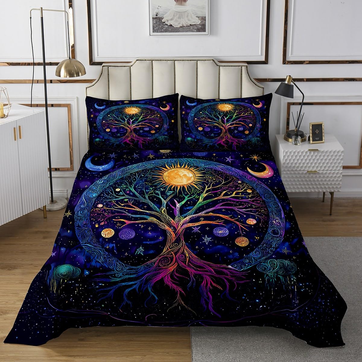 Tree of Life Quilt Bedding Set Queen,Sun and Moon Coverlet Bedspread,Boys Girls Glitter Galaxy Sky Bedding Bed Cover for All Season,Bohemian Art Aesthetic Bedspread Set (1 Quilt+ 2 Shams)