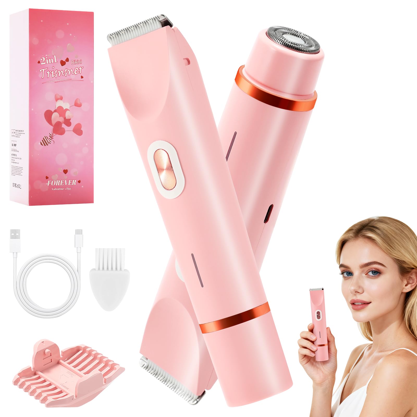 2-in-1 Women's Bikini Trimmer, Dual-Head Facial Shaver & Body Trimmer, IPX7 Waterproof Design Wet & Dry Use Pink