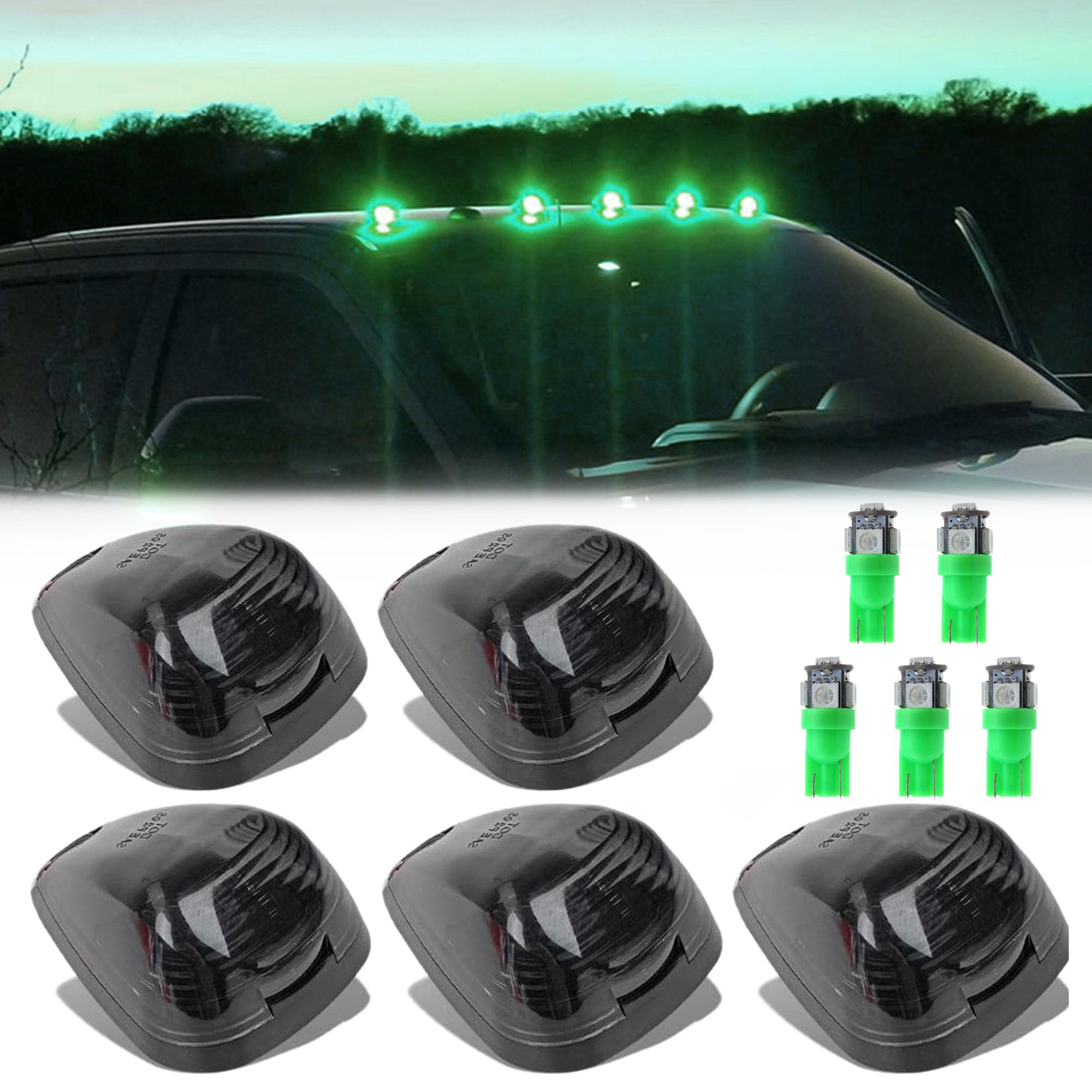5X Black Smoke Lens Cab Roof Marker Running Lamps Compatible with Green LED Lights for Ford F150 F250 F350 F450 F550 F650 F750 E150 E250 E350 E450 1999-2016 - Super Duty Pickup Trucks