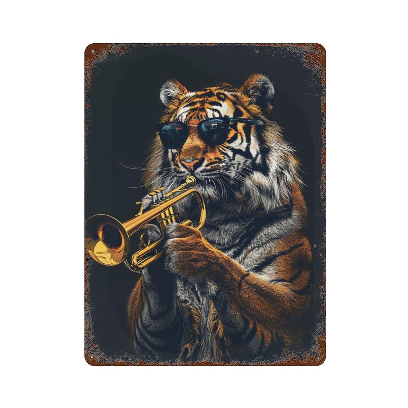 Vintage Rust Metal Sign Tiger Trumpet 15.7"x11.8", Shabby Chic Decor for Cafe, Home Bar And Lounge Decor
