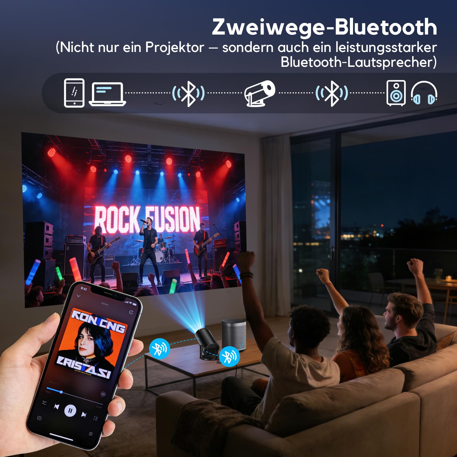 Smart Mini Beamer 1080P Unterstützt, Tragbarer Projektor AKIYO O2 mit WiFi 6 und Bluetooth 5.4, Beamer Klein mit 180° Drehbar und Auto Keystone, Kompatibel mit HDMI/Smartphone/USB/Laptop/PS5, Schwarz
