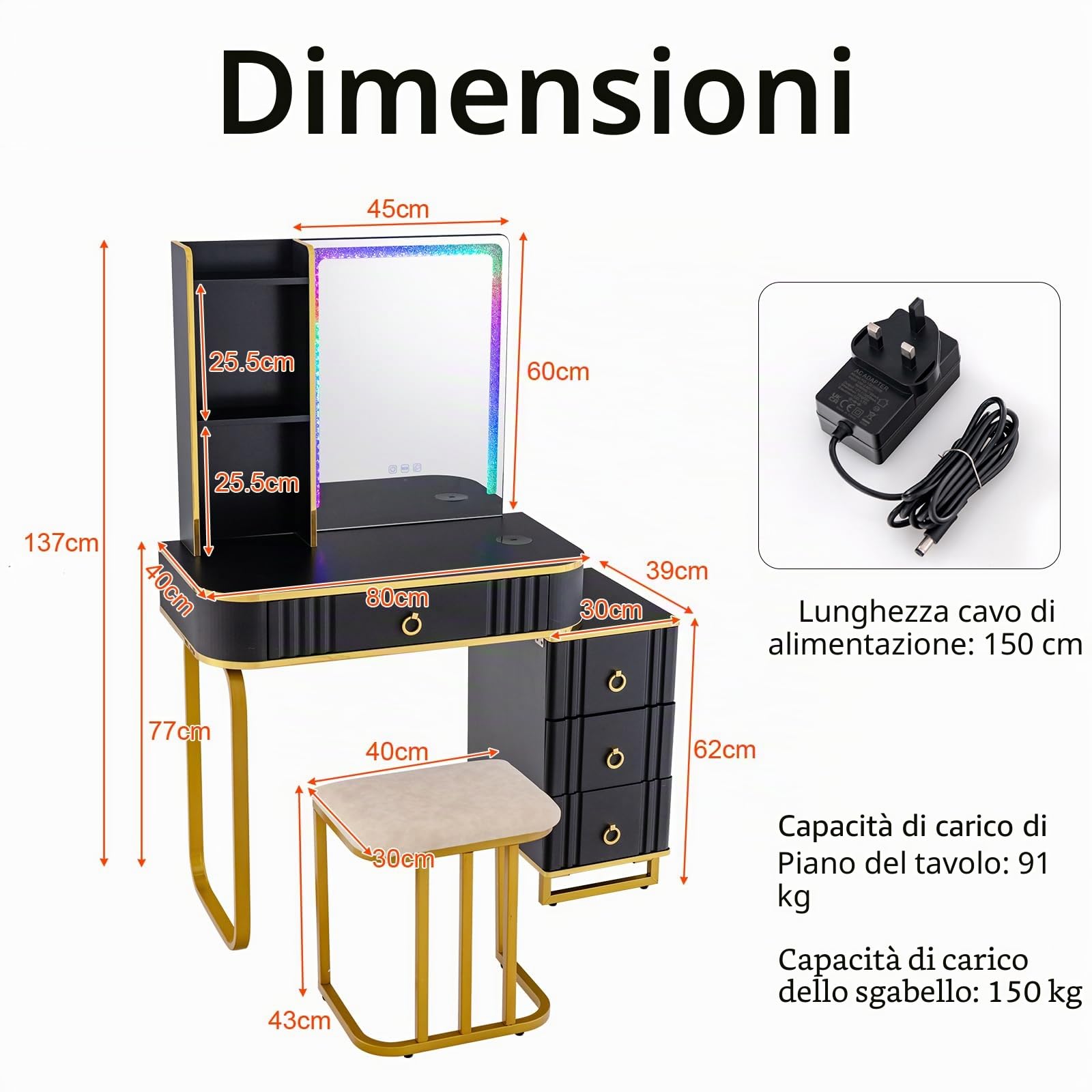 HOMASIS Toeletta Trucco con Luci a Led Colorate Regolabili, Postazione Trucco con Sgabello, Toletta da Trucco con Specchio con Porta USB e 4 Cassetti, 80 x 40 x 137 cm (Nero)