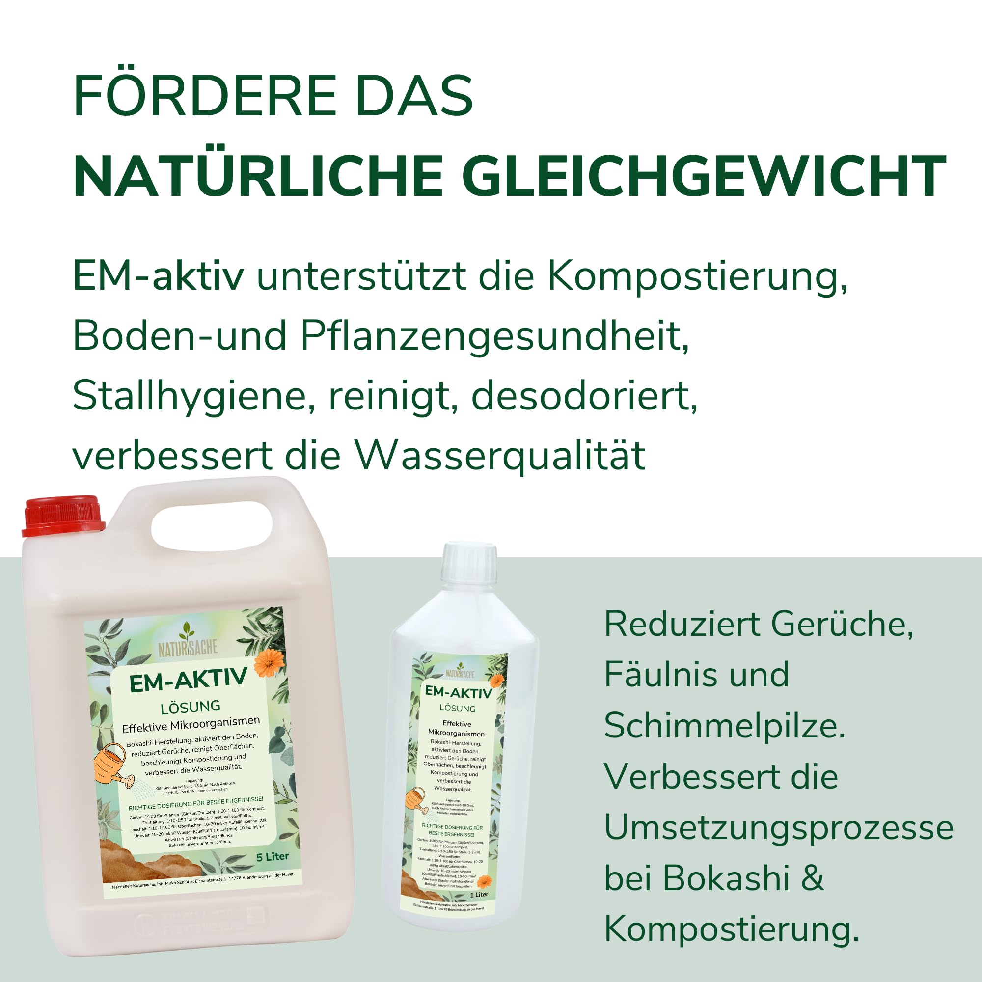 Natursache EM-aktiv Lösung 5L - Effektive Mikroorganismen Bodenaktivator Geruchsentferner Wasseraufbereiter