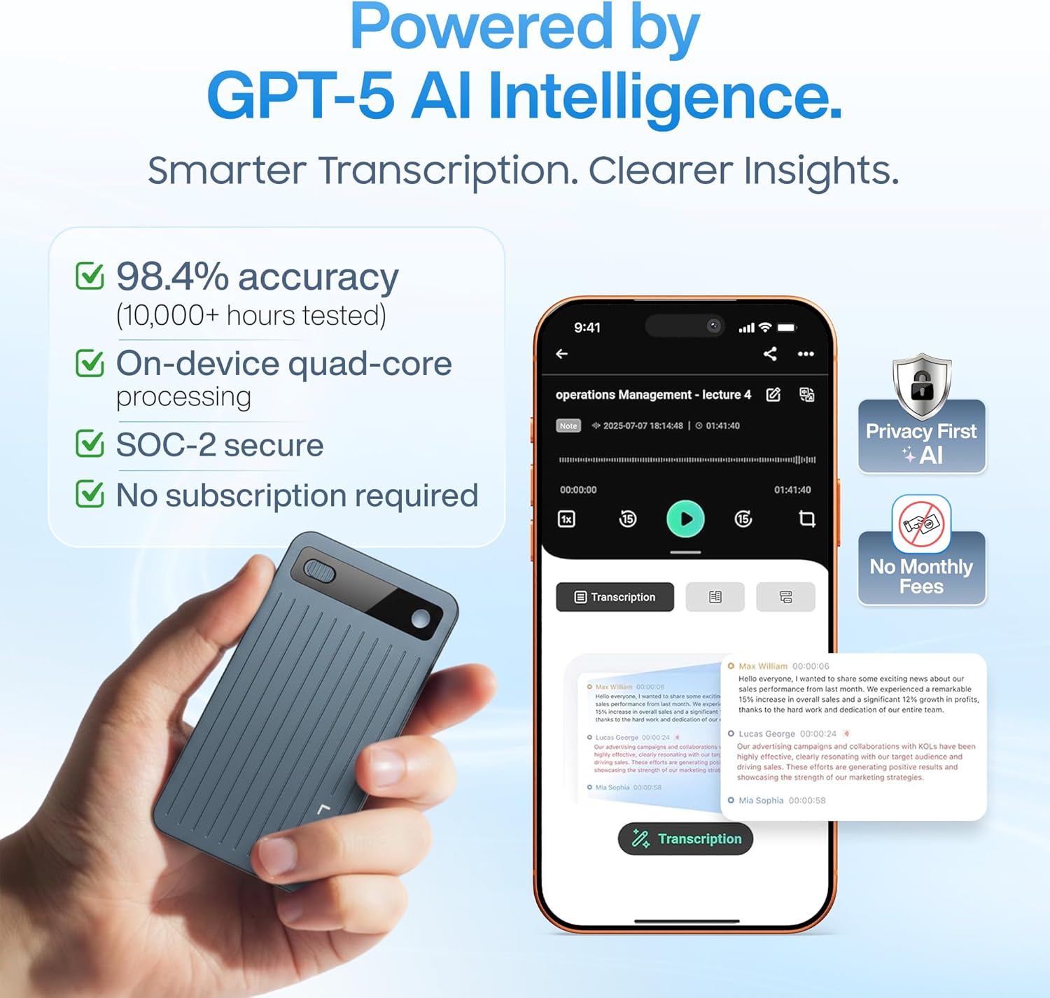 LIMU AI Voice Recorder, German Design AI Note Taking Device with GPT-5.5, Wireless Charging Audio Recorder, Transcribe, Summarize, MindMap, 125 Language, AI Assistant for Meetings, Calls, Lectures