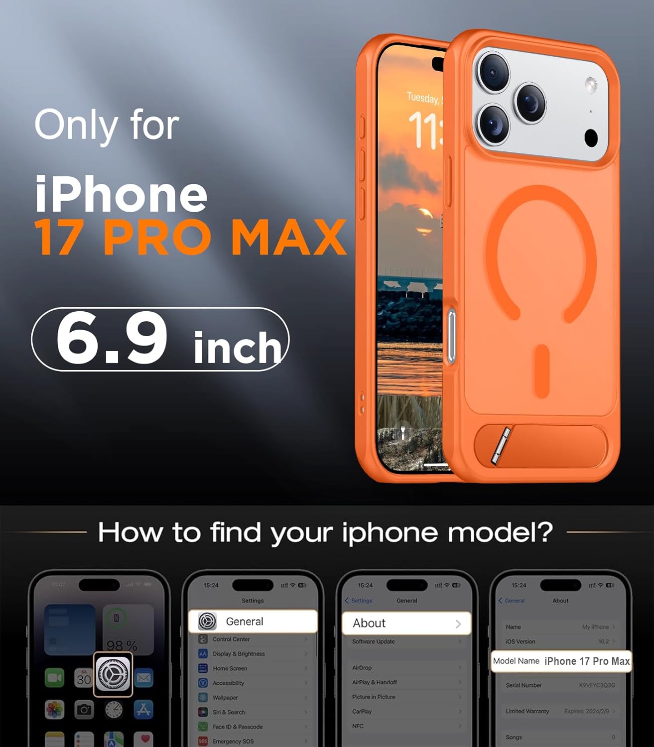 temdan designed for iphone 17 pro max case, [built-in invisible kickstand][compatible with magsafe][military grade shockproof] slim translucent matte phone case 6.9 inch (orange) for iphone 17 pro max 6.9" orange