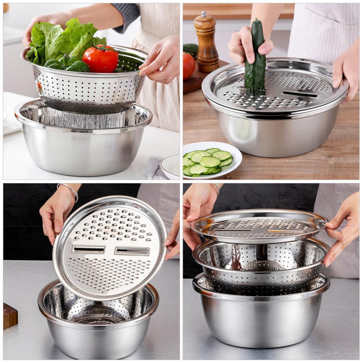 Juego de Coladores de Acero Inoxidable 3 Piezas con Borde Grueso | Plata, Lavado y Cocina Doméstica, Cuenco para Cortar Verduras con Gran Reborde