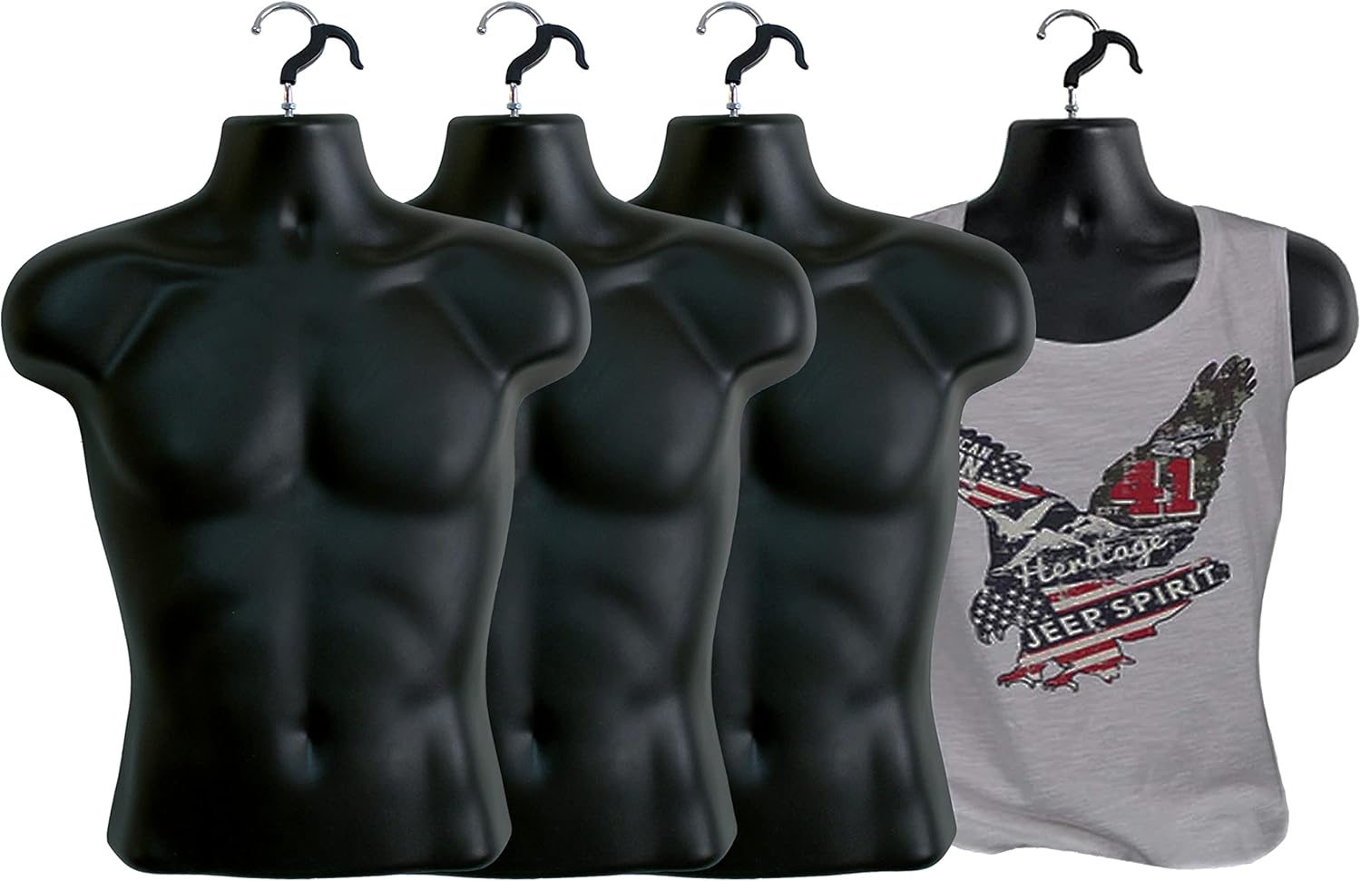 DisplayTown Black Male Mannequin Torso Hollow Back Body Stackable Dress Form with Hanging Hooks for Tshirt Display, Countertop, Craft Shows, Photos and Design, S-M Clothing Size (Black, Set of 4)