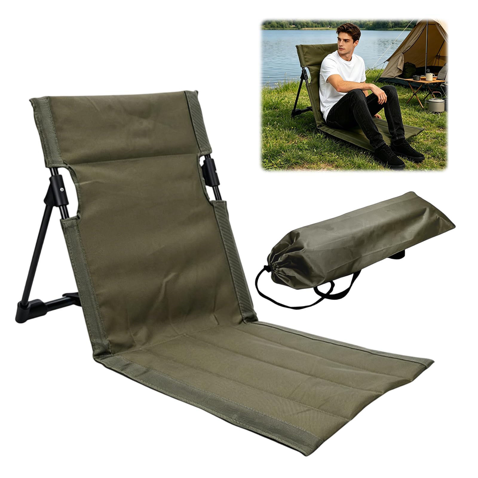 Sedia da spiaggia con schienale, cuscino pieghevole, per esterni, stadio, portatile, per meditazione, spiaggia, pieghevole, per picnic, giardino (verde)