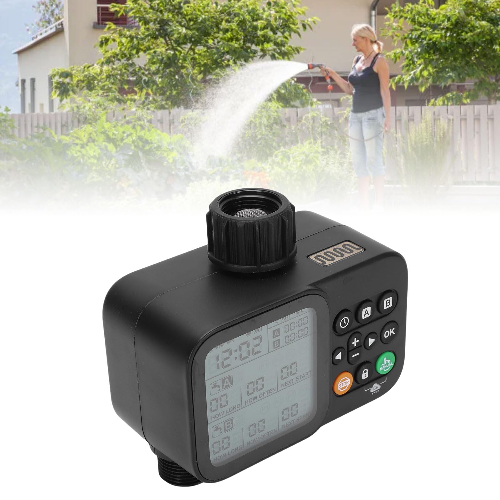BRRNOO Programmatore per Irrigazione 2 Prese con Display LCD, Pioggia