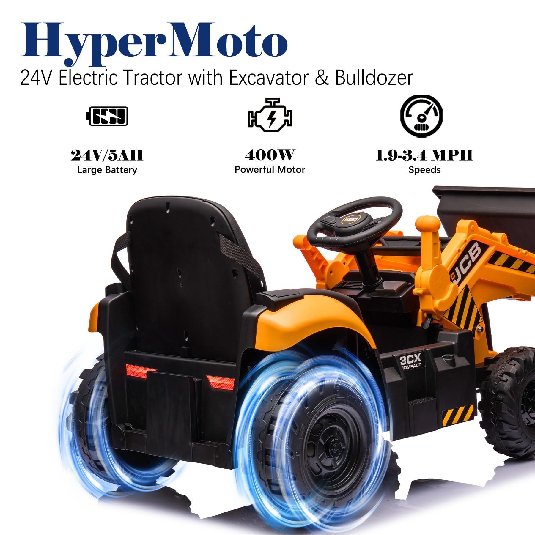 HyperMoto 24V JCB 3 in 1 Ride on Tractor Truck, Excavator & Bulldozer with Remote Control, Kids' Electric Vehicles w/Front Loader, Shovel Bucket, Digger, Adjustable Seat, Kids Ride on Car - Yellow