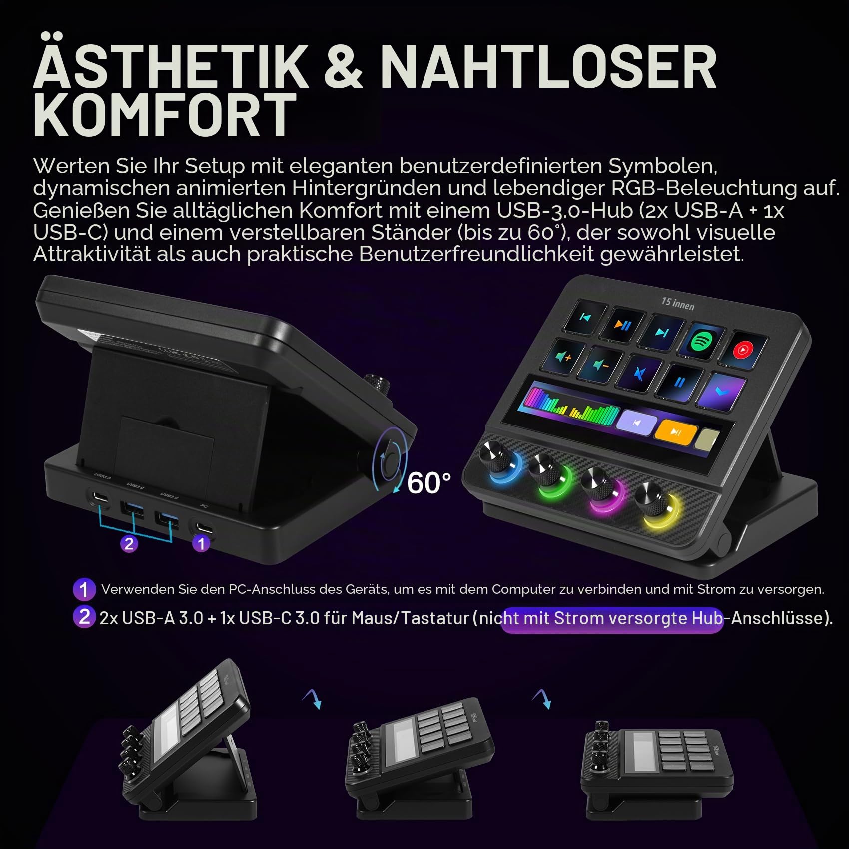 Macro Pad, Streaming Deck Stream Controller Soundboard Keypad, Programmierbare Tasten USB Shortcut Tastatur für Gamer Streamer, Audio Mixer für OBS, YouTube, Office Desk Setup, PC, Mac