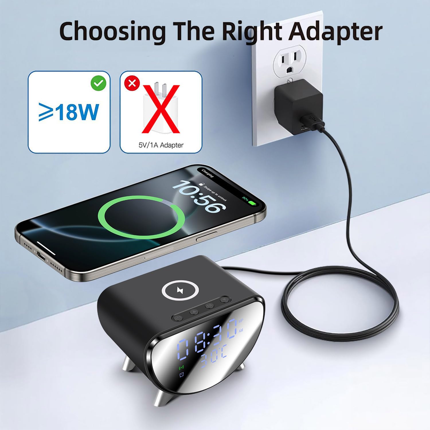 PDKUAI Fast Wireless Charger for iPhone Galaxy Pixel Alarm Clock Bedside, Dimmable LED Display - Image 4