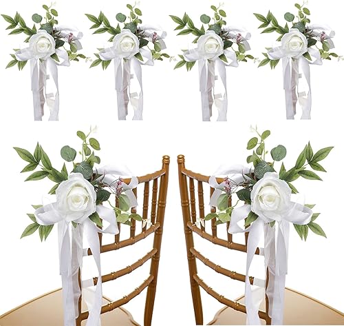 FQQWEE - 6 piezas de decoración para sillas de pasillo de boda, rosas blancas, flores de respaldo de silla de boda con hojas y cintas, silla de