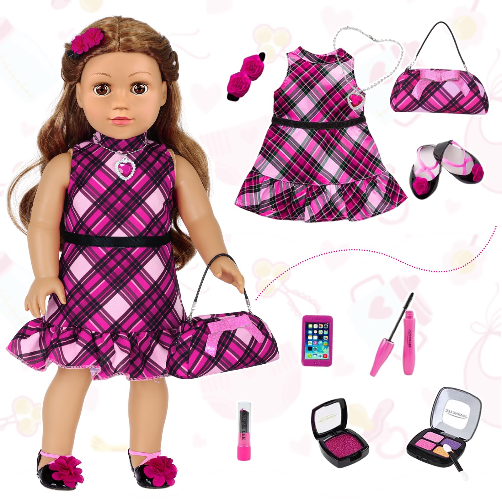Muñecas americanas de 18 pulgadas, accesorios y ropa de maquillaje, bolsa de vestir de moda para muñecas de 18 pulgadas, incluye trajes, zapatos, juguetes cosméticos, regalo para bebé niña (sin muñeca 6