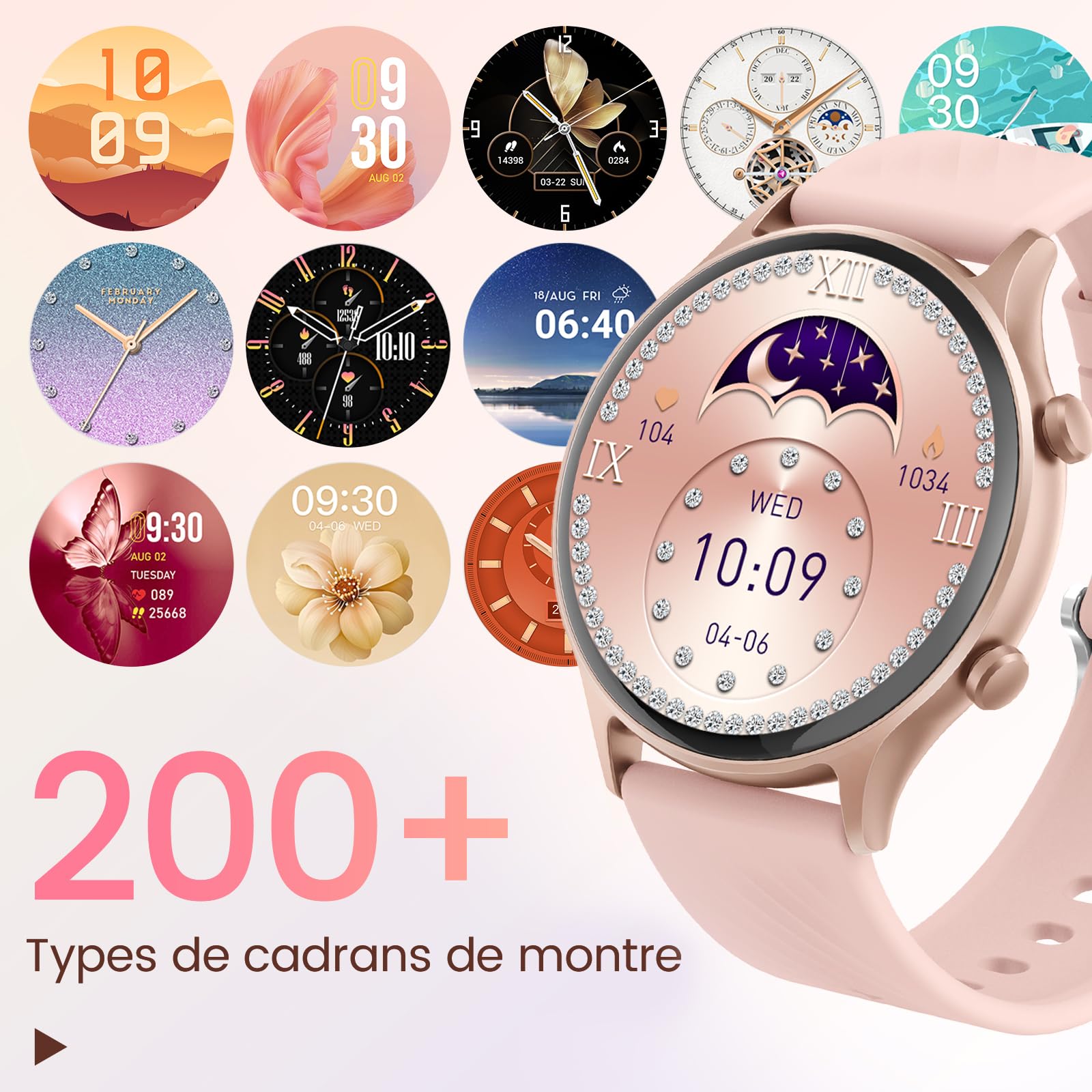 WalkerFit Smartwatch Mujer 1,39" HD para Hacer Llamadas, Reloj Fitness | Reloj inteligente IP67 con Bluetooth, iOS/Android, 100+ deportes, Monitor de frecuencia cardíaca, SpO2, sueño y ciclo Rosa