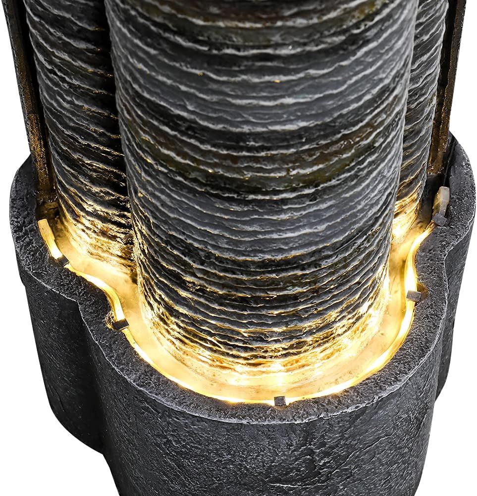 watnature Modern Indoor Outdoor Waterfall Fountain - 39.5” H 3-Columnar Ripple Water Fountain with LED Lights, Cascading Tower Freestanding Water Feature for House, Office, Garden, Patio : Patio, Lawn & Garden