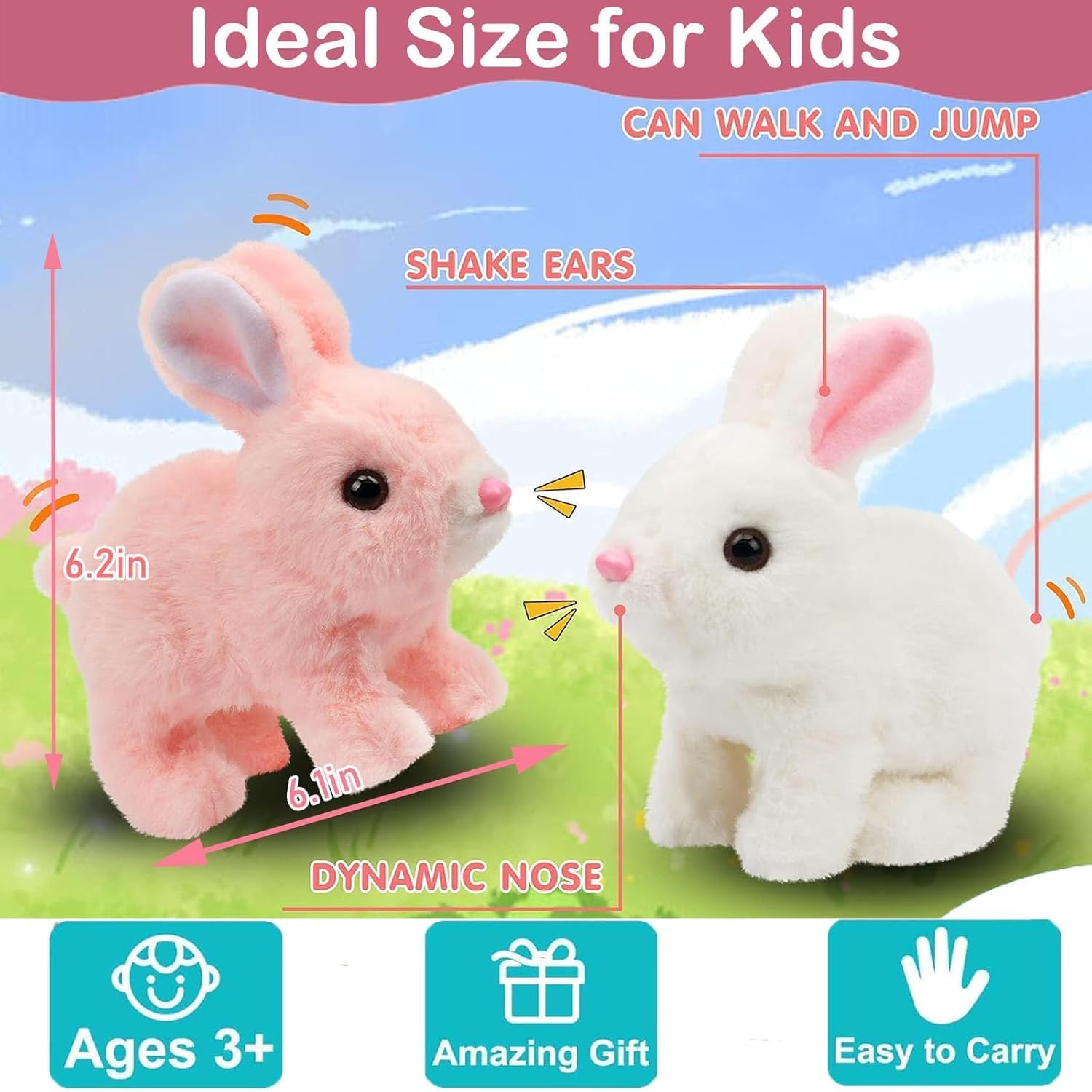 My Realistic Bunny Toy,Hopping Bunny Toy,Vitality Bliss Bunny, Paired with a Leash and a Carrot,Easter Toys for Toddlers.(White Rabbit)