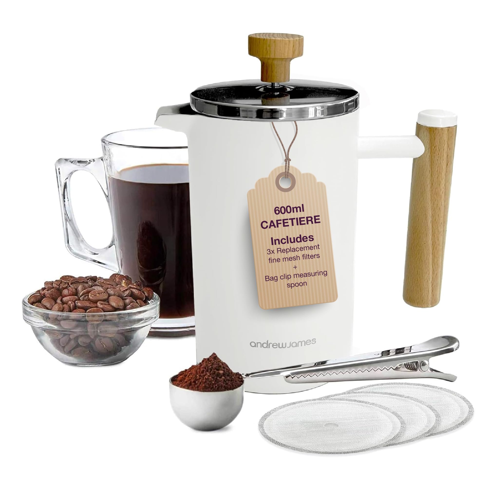 andrew james Cafetière à double paroi en acier inoxydable avec cuillère à mesurer et clip d'étanchéité pour sachet | Délicieux café à piston français | Facile à nettoyer (ivoire, 600 ml)