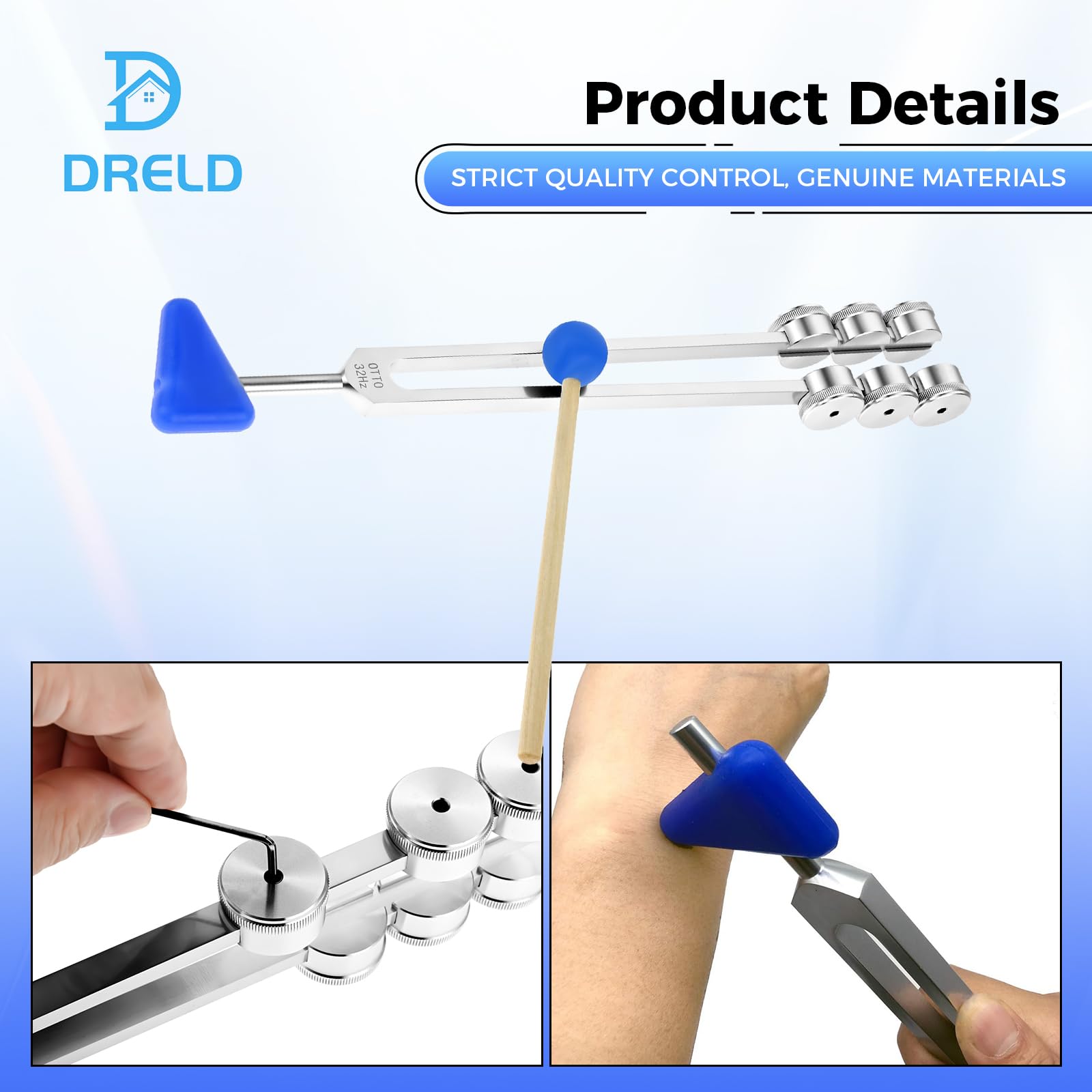 DRELD 32Hz Weighted Tuning Fork, Aluminium Alloy Tuner with Hammer, Triangular Tip, Velvet Pouch, Cleaning Cloth - Image 4