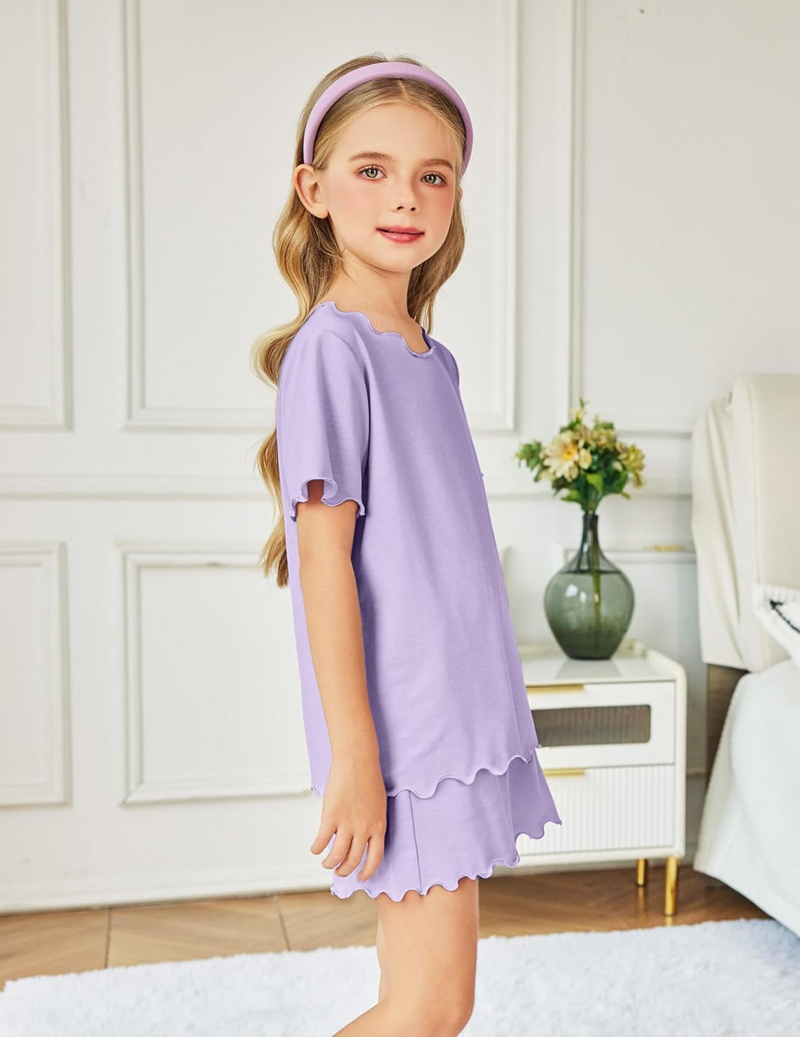 Arshiner Girls Pajama Set Short Sleeve Lounge Set Soft Shirring Summer Sleepwear Pj Sets - Image 2