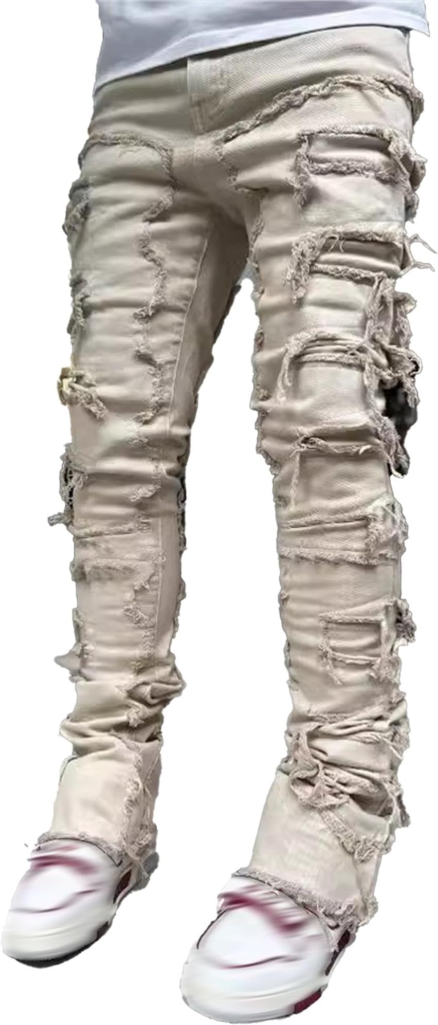 Jeans for Men Slim Fit Ripped Skinny Patchwork Denim Trousers Straight Leg Hip Hop Denim Pants