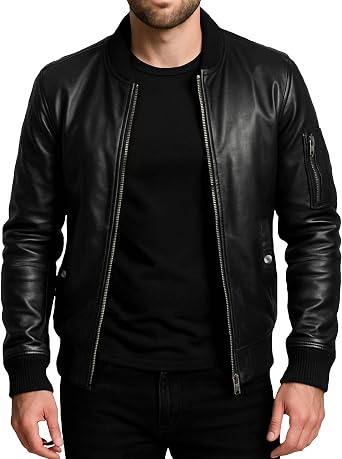 JJackin Black Leather Bomber Jacket Men - Premium 100% Real Lambskin Genuine Leather Bomber Jackets for Men