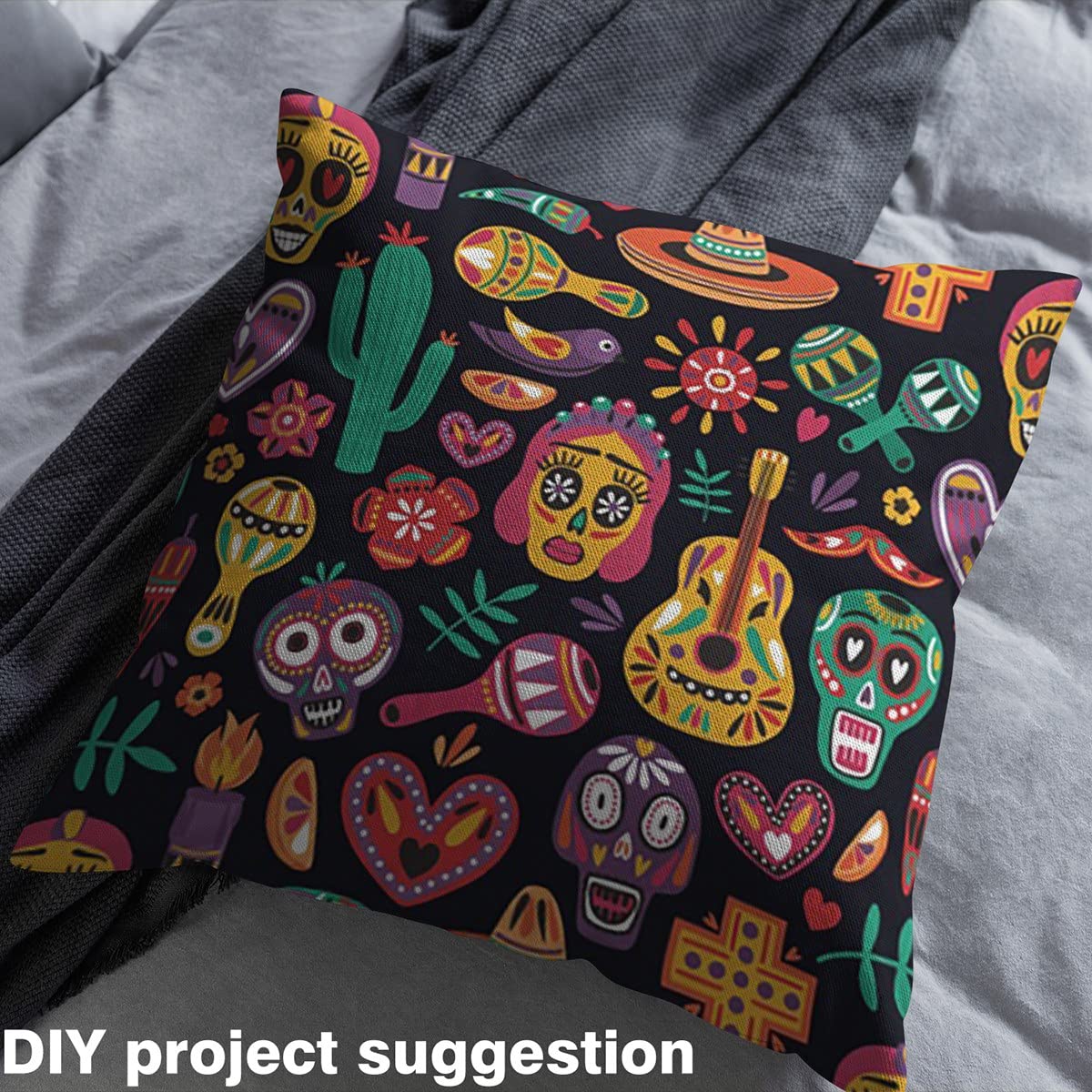 Sugar Skull Fabric by The Yard,Mexican Style Skeleton Cactus Fabric for Chairs,Exotic Flowers Pepper Fabric for and Home DIY Projects,1 Yard,(L92*W150cm) Charcoal Grey - Image 3
