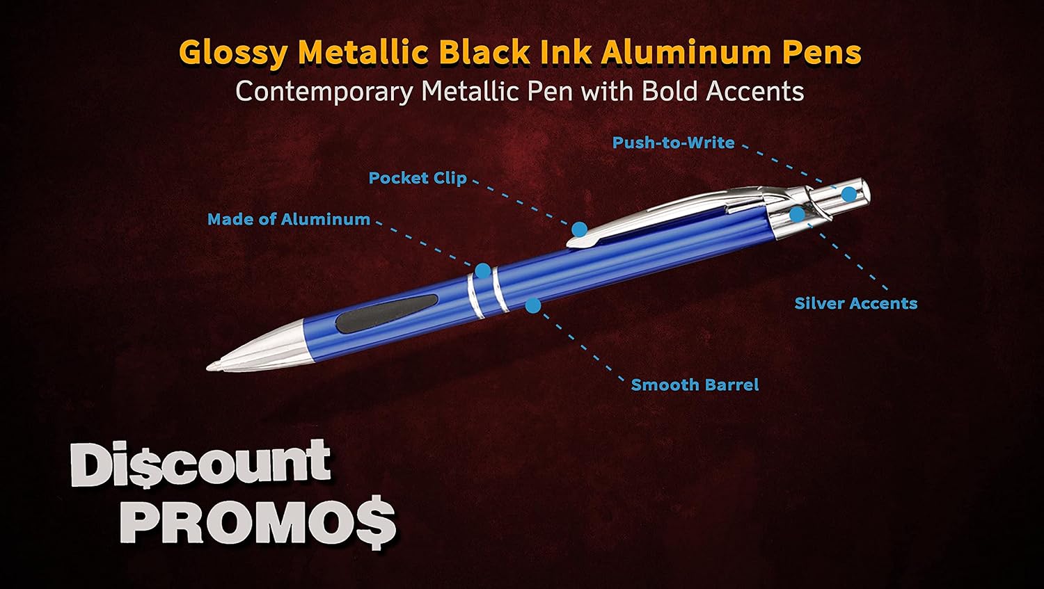 DISCOUNT PROMOS 10 Black Ink Metal Pens Pack - Ballpoint, Retractable, Silver accents - Blue