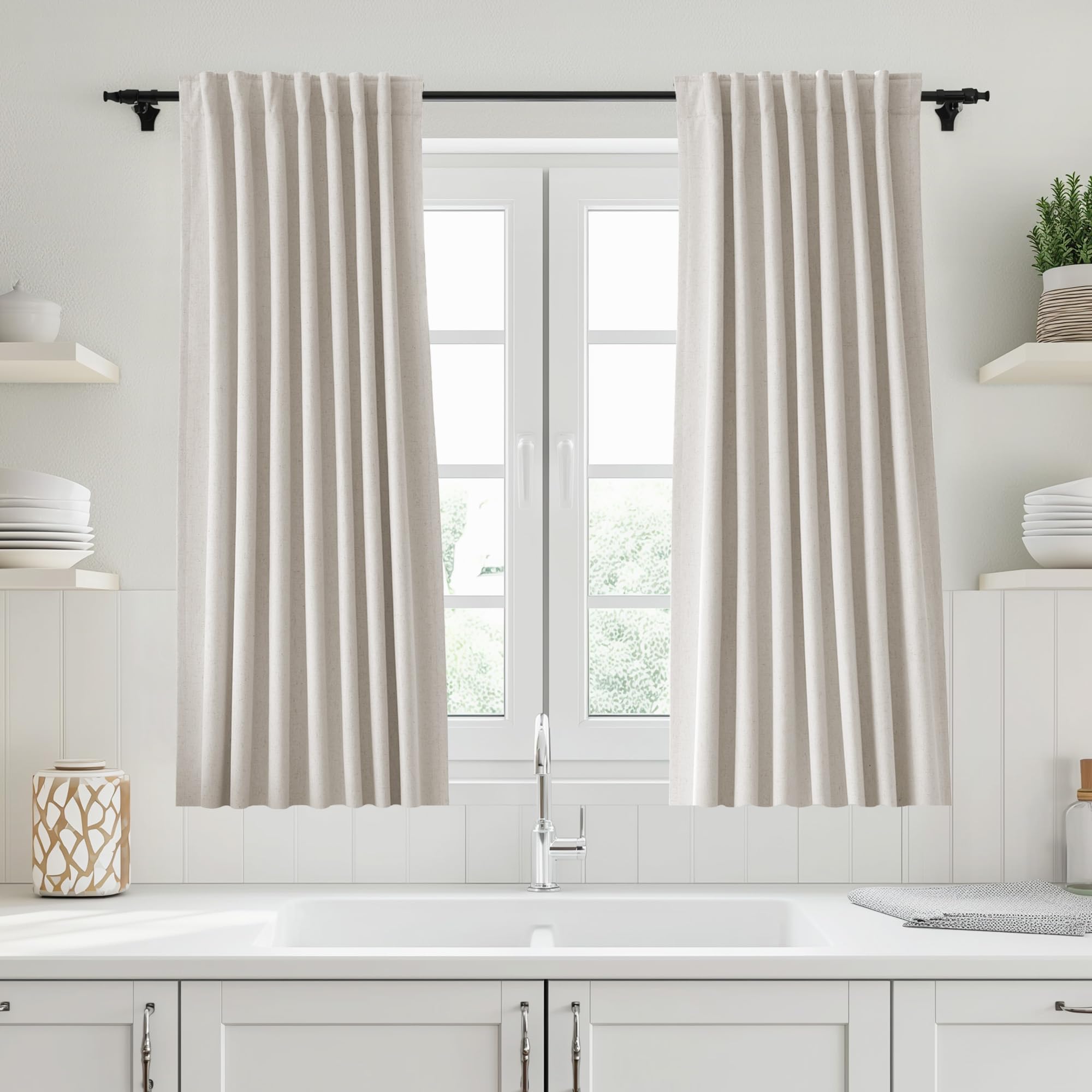 UHITECH Cream Kitchen Curtains 54 Inches Long Linen 100% Blackout Curtain for Bedroom Thermal Insulated Black Out Drapes for Living Room 2 Panels Set (52W x 54L)