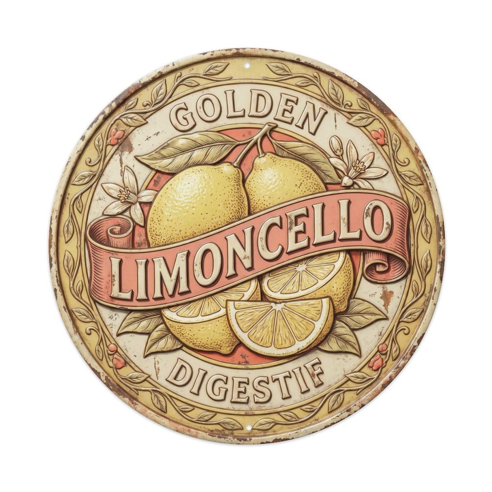 Golden Limoncello Digestif Sign Metal Tin Sign Plaque Wall Decor for Cafe, Club, Garden Round Metal Poster 8x8Inch