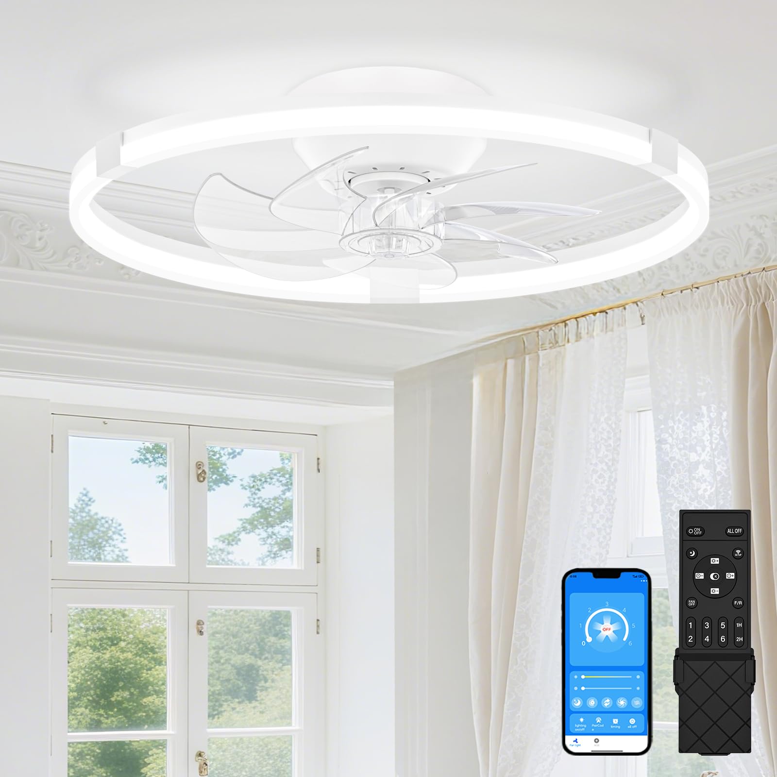 SUNKENET Ceiling Fans with Lights and Remote, 50cm LED Ceiling Fan Light, 3000K-6500K Dimmable Smart Fan Ceiling Light, 6 Wind Speeds & Reversible, White Modern Fan Light Ceiling for Bedroom — image 1