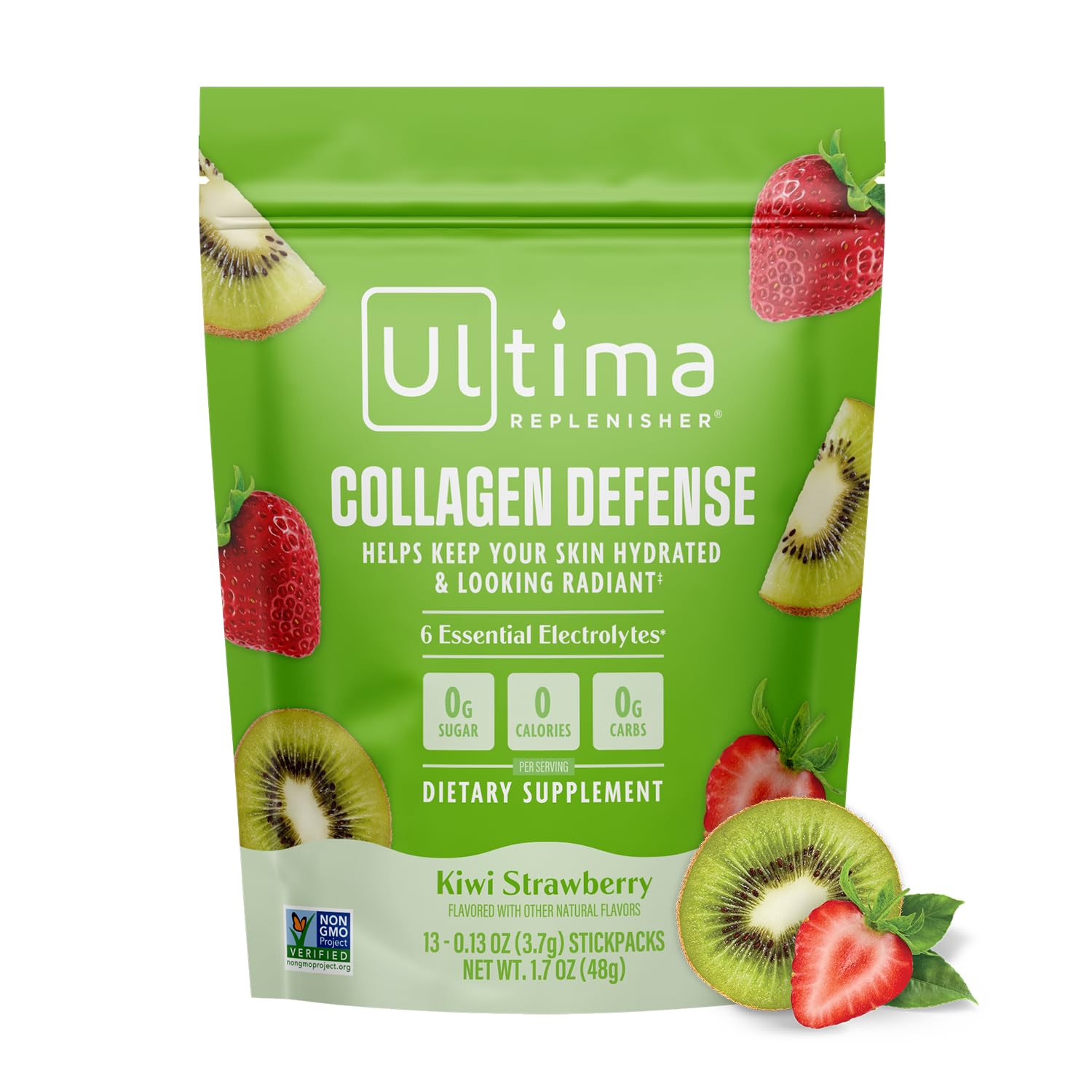 Ultima Replenisher Collagen Defense Supplement and Electrolytes Powder - Kiwi Strawberry 13 Stickpacks - Hydration Packets with Dermaval