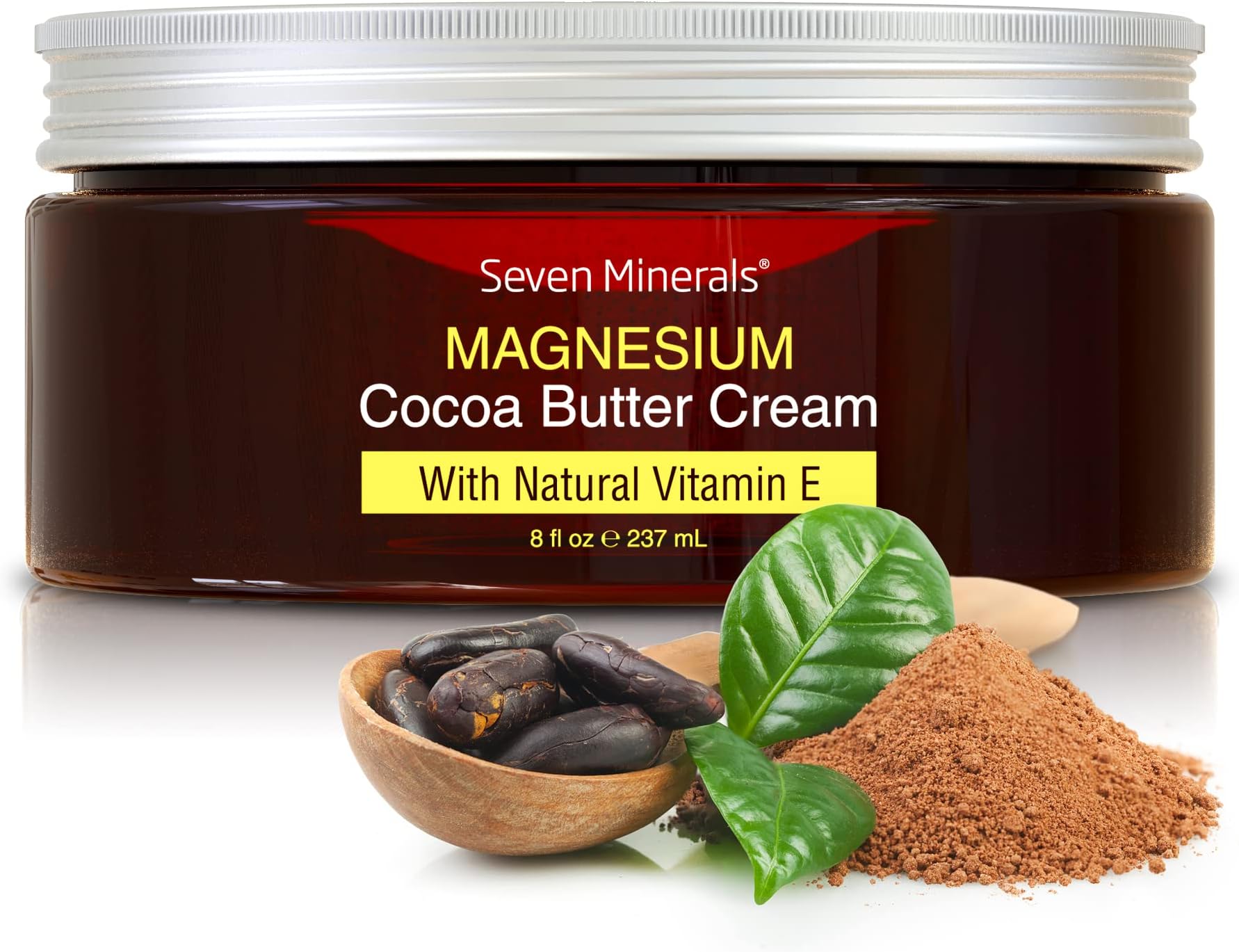 Seven Minerals NEW Magnesium Cream for Pain Calm, Leg Cramps, Sleep & Muscle Soreness. With Moisturizing Organic Cocoa Butter and Vitamin E. Our All Natural USA Made Creme is Safe for Kids.